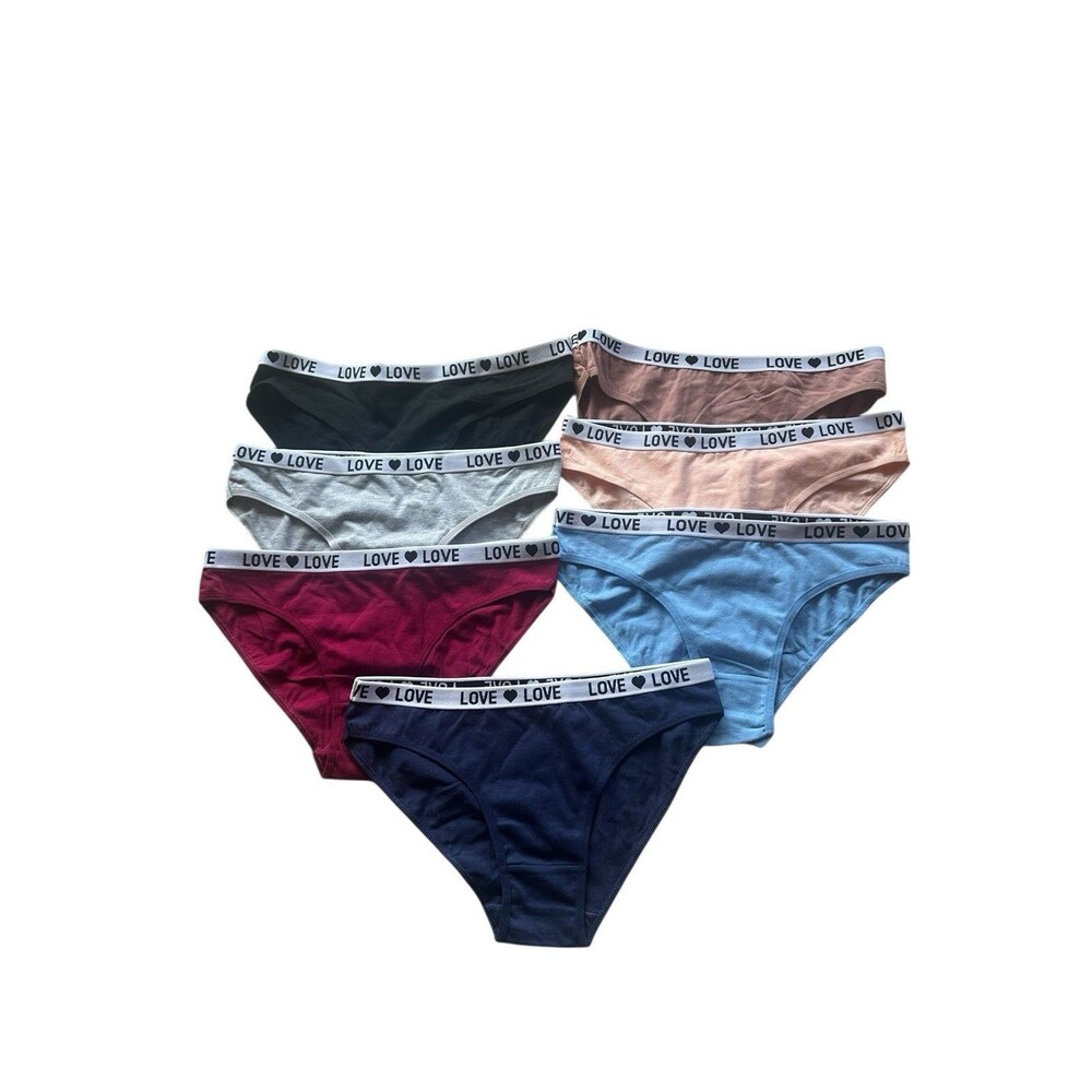 7 Pair Women's L Cotton Bikini Style Underwear Cotton Stretch LOVE Waistband